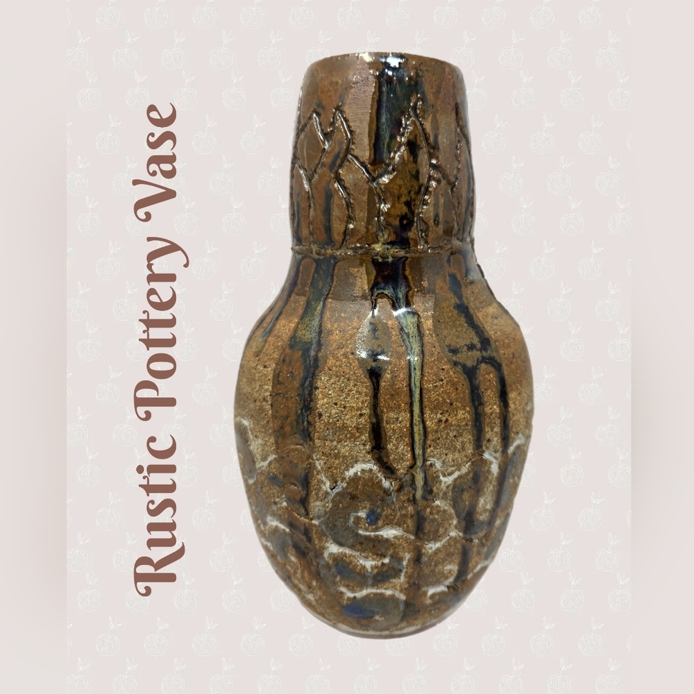 Rustic Pottery Vase Brown & Blue Dripped Glaze Round 7x4 Circumference 12.75